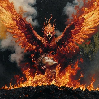 Phoenix rising flames and ash envelops intense young man's upward gaze in dramatic fiery rebirth vibe