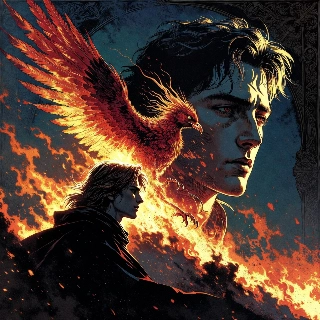 Phoenix rising flames and ash enveloping a mysterious young man with intense red eyes and flowing hair, evoking a vibe of rebirth and fiery determination.