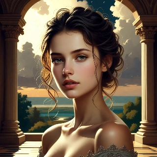 ภาพถ่ายหญิงสาวสงบสะอาดตาในสไตล์วินเทจยามพระอาทิตย์ตกดินใต้ซุ้มประตู