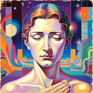 Serene Meditating Woman Vintage Cosmic Art