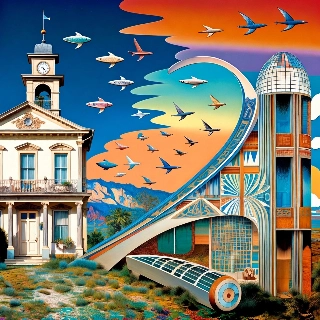 Surreal Flying Fish Over Vintage Clock Tower