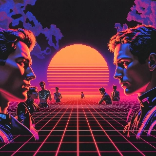 Synthwave sunset pixel sungrid floor art with intense male profiles facing off in neon retro futuristic vibe