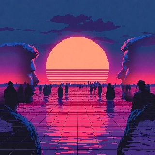 Synthwave Sunset Pixel Sungrid Floor Silhouettes