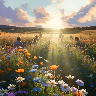 Vintage Cottagecore Flower Field Sunset Scene