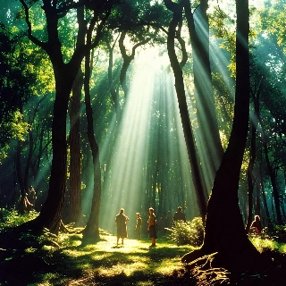 Vintage Deep Forest Light Rays Through Trees
