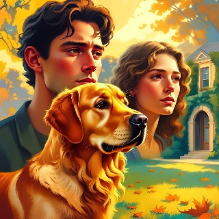 Cute golden retriever in sunny park with thoughtful young couple, evoking warm nostalgic vintage aesthetic PFP vibe