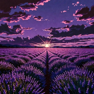 Lavender field purple sunset scenic PFP with dreamy vintage vibe evoking serene tranquility and nostalgic wanderlust