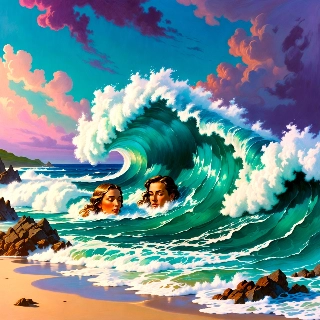 Ocean wave turquoise water crashing with two ethereal women emerging, evoking serene adventurous beach vibe in vintage style