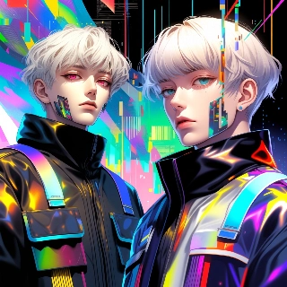 Cybercore Futuristic White-Haired Duo Portrait