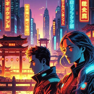 Cyberpunk neon futuristic city PFP of intense couple with mysterious vibes amid glowing signs and torii gates