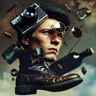 Surrealism flying objects dream portrait of a thoughtful young man with camera and boot elements floating around his intense, introspective vibe