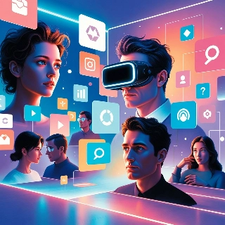 Virtual Reality World with Floating Neon Icons