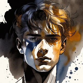 Brooding Youth in Traditional Ink Wash Portrait