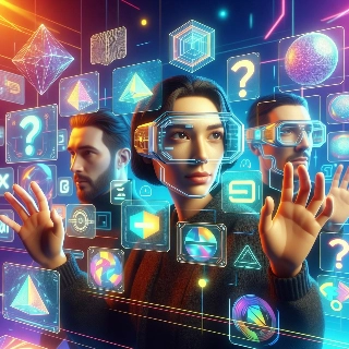 Cyberpunk VR Trio with Floating Neon Icons