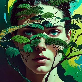 Double Exposure Woman with Lush Green Trees Portrait