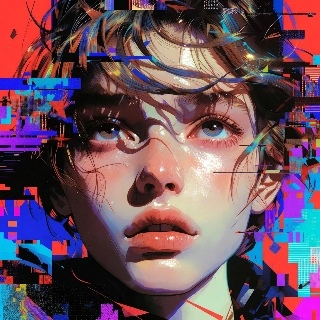 ภาพเหมือนศิลปะแบบ Glitch Art ของหญิงสาวดิจิทัลผู้เศร้าโศก