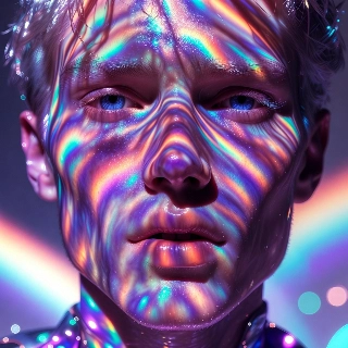 Holographic Skin Man with Rainbow Light Portrait