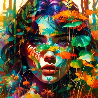 Retrato surrealista de una mujer en la naturaleza con doble exposición.