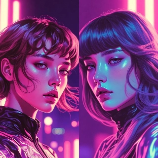 Vaporwave 80s Neon Pastel Purple Duo Portrait