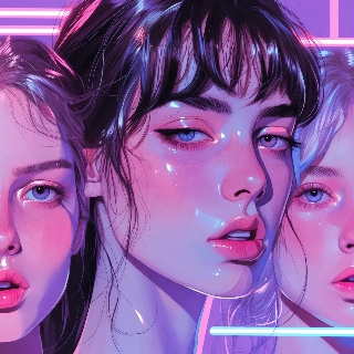 ภาพบุคคลสไตล์ Vaporwave ยุค 80 สีม่วงพาสเทลนีออน