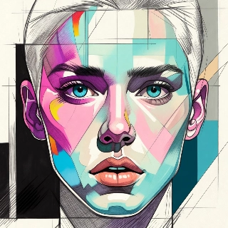 Vibrant Geometric Sketch Portrait Blue-Eyed Woman