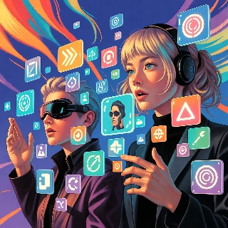 Virtual reality world floating icons surround a stylish young woman in headphones, exuding futuristic curiosity and tech-savvy vibe.