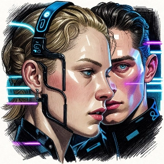 Cyberpunk Couple Pencil Sketch with Neon Accents