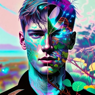 Cyberpunk Double Exposure Man with Nature Fusion