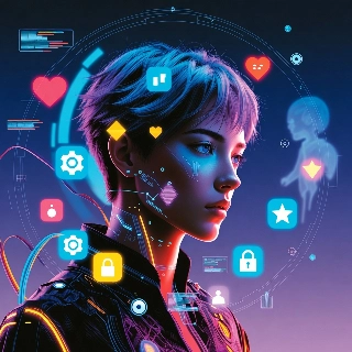 Cyberpunk Girl in Virtual Reality Floating Icons