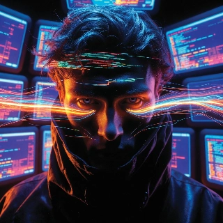 Cyberpunk Hacker Gaze Code Screens AI Art