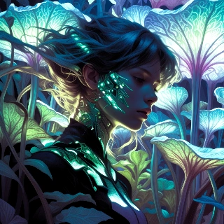 Cyberpunk Woman Amid Glowing Bioluminescent Plants