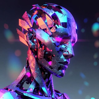 Fragmented Metallic Cyberpunk Head 3D Sculpture