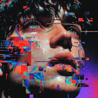 Glitch Art Cyberpunkový portrét se zelenýma očima