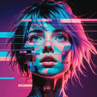 グリッチで歪んだサイバーパンク美女ポートレート