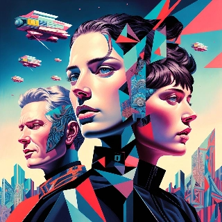 Surreal Cyberpunk Trio with Flying Objects