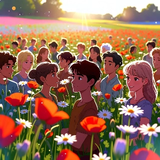 Aesthetic Anime Group in Cottagecore Flower Field