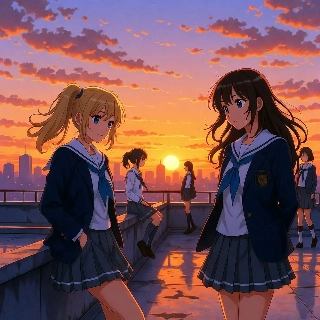 Aesthetic Anime Schoolgirls Sunset Rooftop