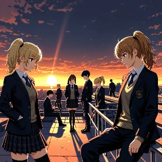 Aesthetic School Life Anime Sunset Rooftop Group