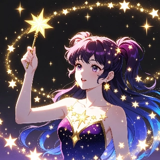 Magical Girl with Sparkling Wand and Stars Anime Art