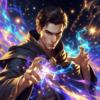 Wizard casting spell with magic energy, intense aesthetic anime character exuding powerful mysterious vibe