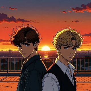 90s Anime Boys Sunset Rooftop Silhouette