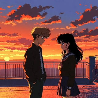 90s Anime Couple Sunset Rooftop Romance