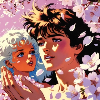 90s Anime Couple with Falling Cherry Blossoms