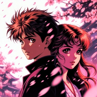 Cherry blossom pink petals falling around romantic 90s anime couple in profile, evoking nostalgic and serene vibe