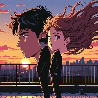 Classic 90s Anime Couple Sunset Rooftop