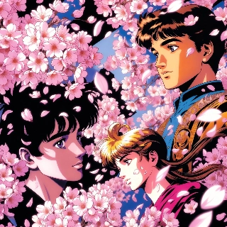 Classic 90s Anime Trio Amid Falling Cherry Blossoms