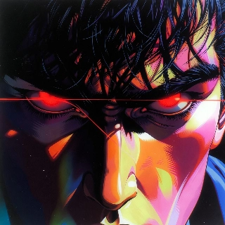 Dark Anime Villain with Red Glowing Eyes in 90s Style
