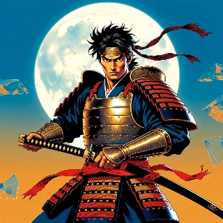 Determined Samurai Warrior with Katana in 90s Anime Style