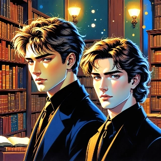 Enigmatic Anime Twins in Dark Academia Library