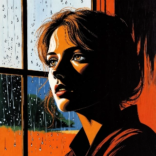 Melancholic Anime Woman Staring at Rainy Window 90s Style